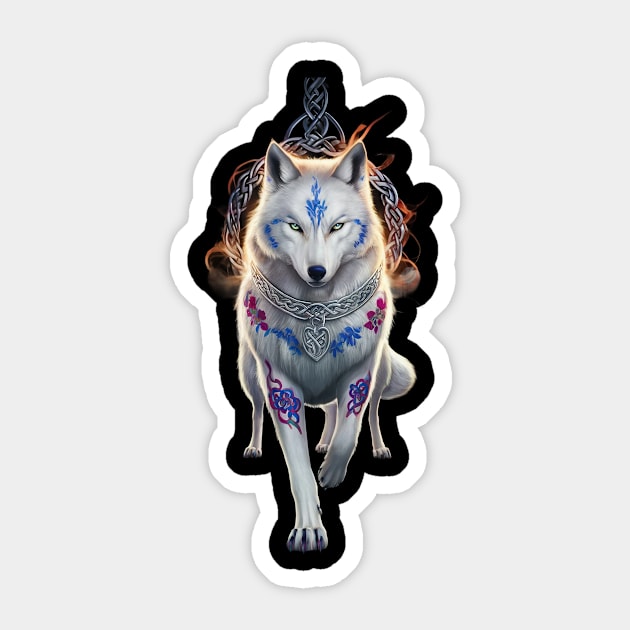 stylized five legged wolf with striking blue eyes  It wears a decorative collar Sticker by animegirlnft